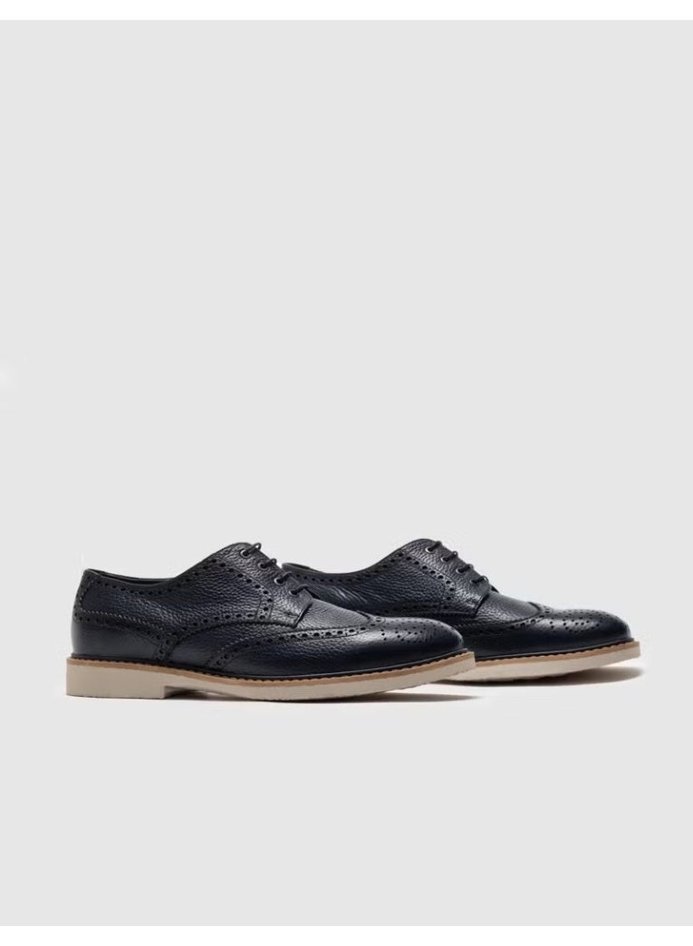 Cabani Men's Genuine Leather Lace-Up Casual Shoes with Leather Lining - Navy Blue - Image 1